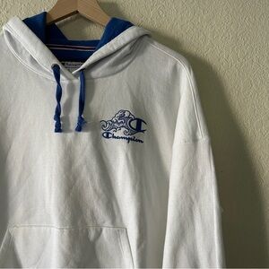 Champion White Hoodie with Ocean Wave Logo – Size L